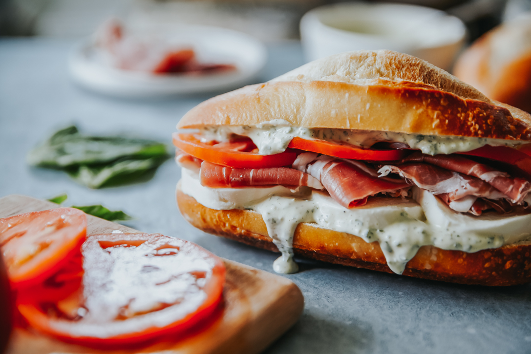 Mozz Prosciutto Sandwich w Garlic Basil Aioli | A-Yo Kitchen